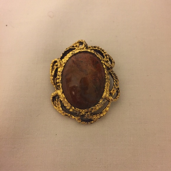 ❌SOLD❌ RARE Vintage Gold Plated Oval Jasper Brooch - Picture 6 of 8